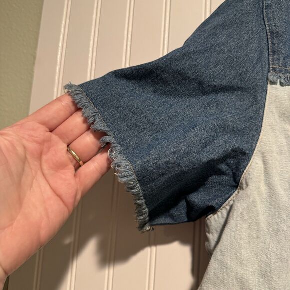 Vintage Denim Patchwork Western Shirt Star Studs Frayed Short Sleeve Size XL - Picture 5 of 8